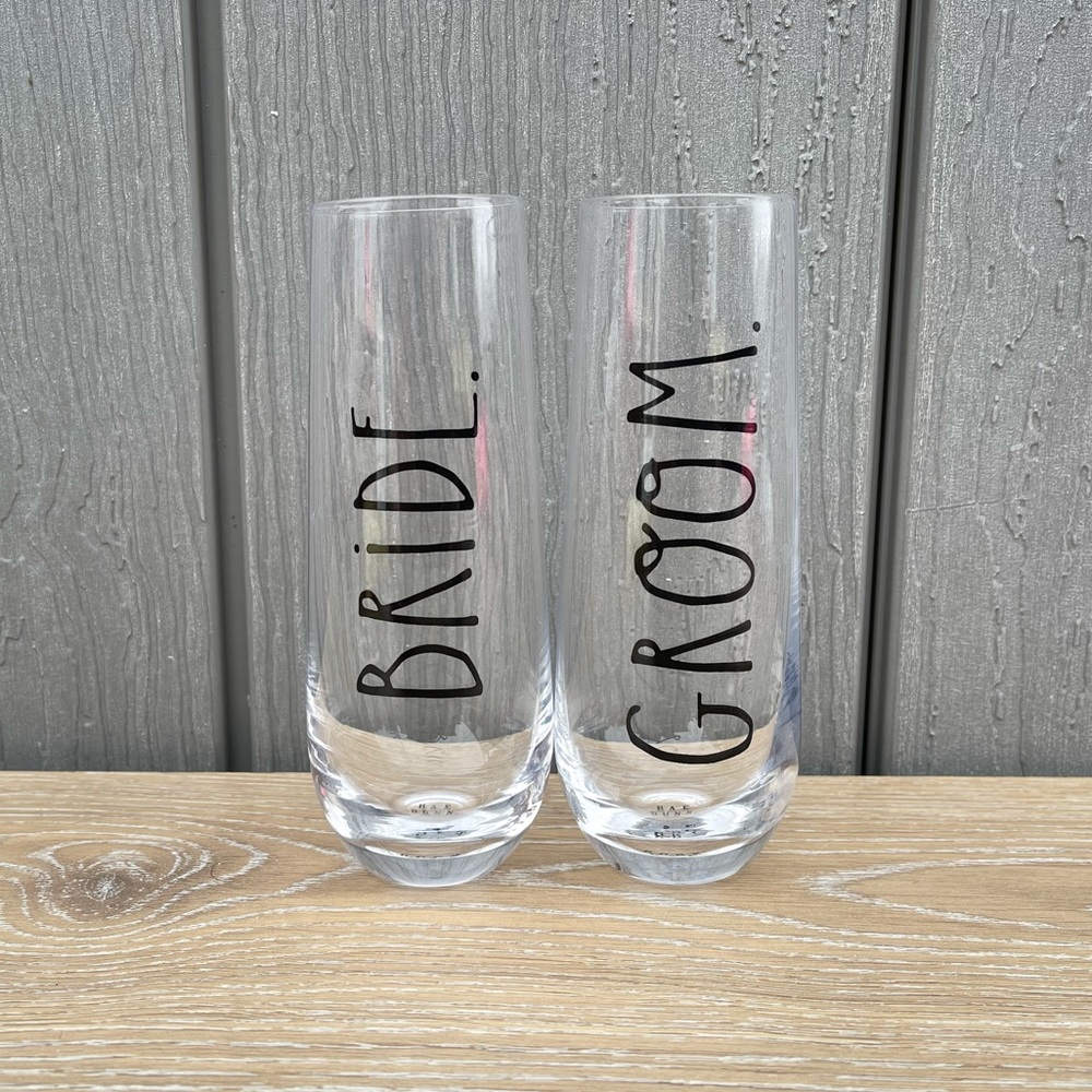 Rae Dunn Artisan Collection Bride and Groom Stemless Champagne Glass Set